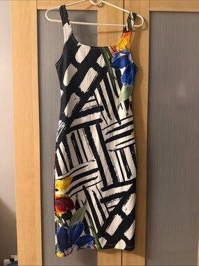 Black & White Geometric Midi Dress with Floral Accents
